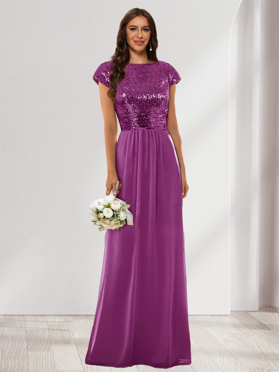 A-Line/Princess Scoop Short Sleeves Sequins Bridesmaid Dresses