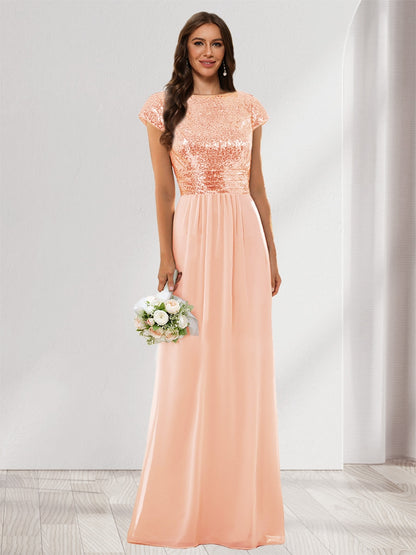 A-Line/Princess Scoop Short Sleeves Sequins Bridesmaid Dresses