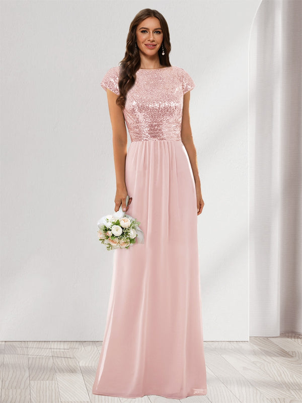 A-Line/Princess Scoop Short Sleeves Sequins Bridesmaid Dresses