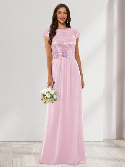 A-Line/Princess Scoop Short Sleeves Sequins Bridesmaid Dresses