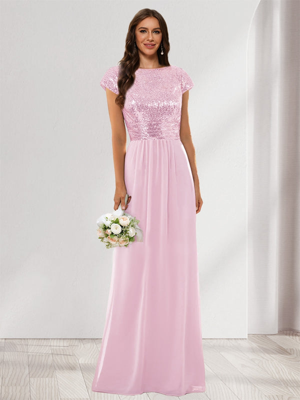 A-Line/Princess Scoop Short Sleeves Sequins Bridesmaid Dresses
