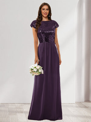 A-Line/Princess Scoop Short Sleeves Sequins Bridesmaid Dresses
