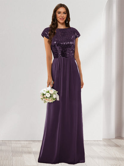 A-Line/Princess Scoop Short Sleeves Sequins Bridesmaid Dresses