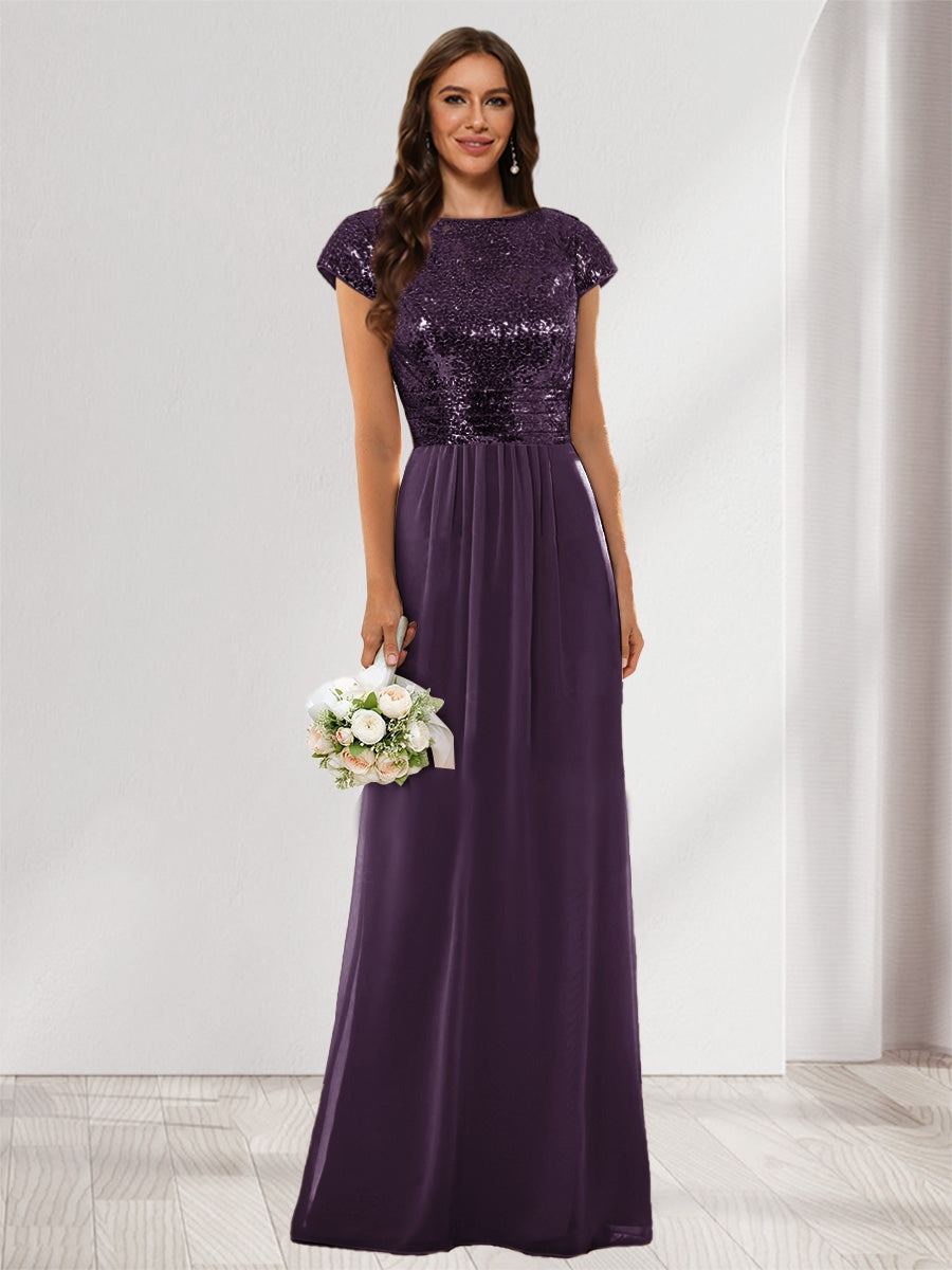 A-Line/Princess Scoop Short Sleeves Sequins Bridesmaid Dresses