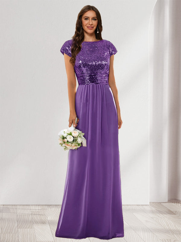 A-Line/Princess Scoop Short Sleeves Sequins Bridesmaid Dresses