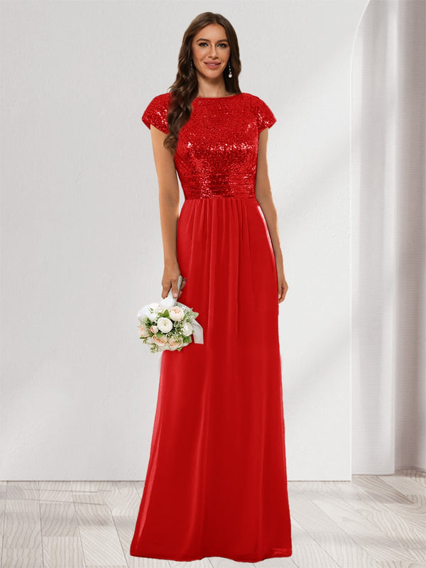 A-Line/Princess Scoop Short Sleeves Sequins Bridesmaid Dresses