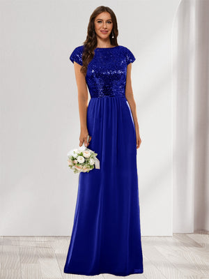 A-Line/Princess Scoop Short Sleeves Sequins Bridesmaid Dresses