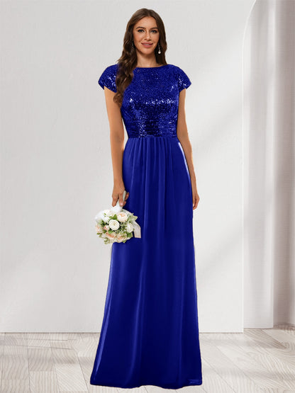 A-Line/Princess Scoop Short Sleeves Sequins Bridesmaid Dresses