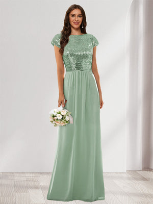 A-Line/Princess Scoop Short Sleeves Sequins Bridesmaid Dresses