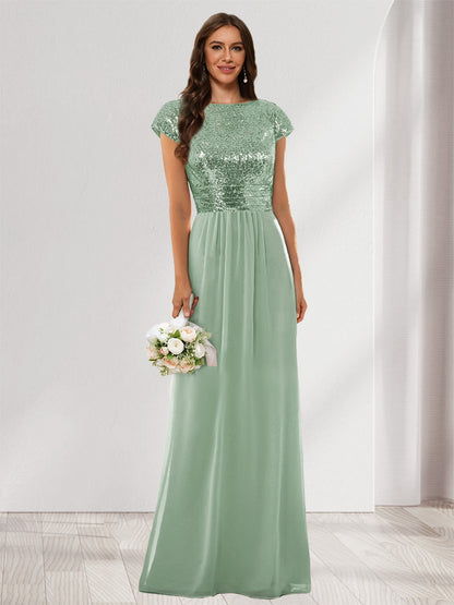 A-Line/Princess Scoop Short Sleeves Sequins Bridesmaid Dresses