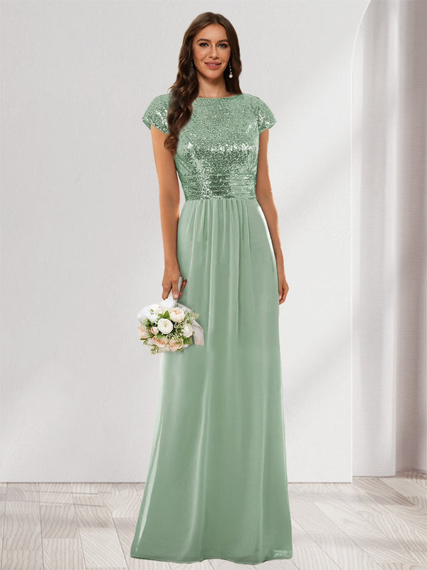 A-Line/Princess Scoop Short Sleeves Sequins Bridesmaid Dresses