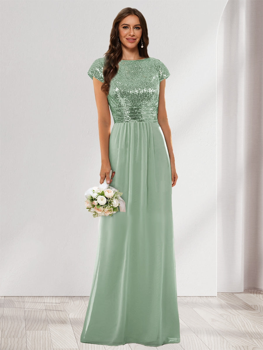 A-Line/Princess Scoop Short Sleeves Sequins Bridesmaid Dresses