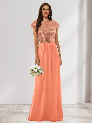 A-Line/Princess Scoop Short Sleeves Sequins Bridesmaid Dresses
