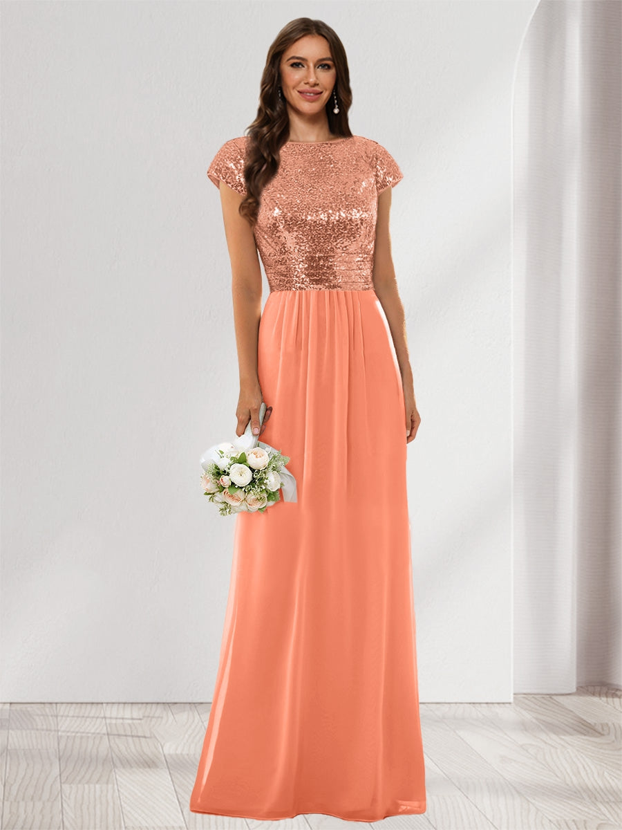 A-Line/Princess Scoop Short Sleeves Sequins Bridesmaid Dresses