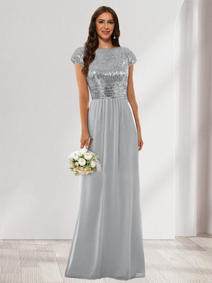 A-Line/Princess Scoop Short Sleeves Sequins Bridesmaid Dresses