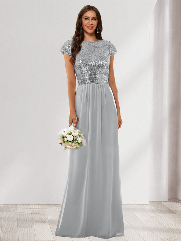A-Line/Princess Scoop Short Sleeves Sequins Bridesmaid Dresses