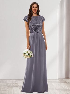 A-Line/Princess Scoop Short Sleeves Sequins Bridesmaid Dresses