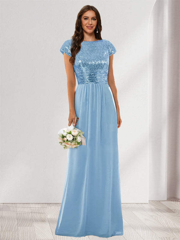 A-Line/Princess Scoop Short Sleeves Sequins Bridesmaid Dresses