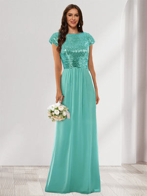 A-Line/Princess Scoop Short Sleeves Sequins Bridesmaid Dresses