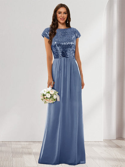 A-Line/Princess Scoop Short Sleeves Sequins Bridesmaid Dresses