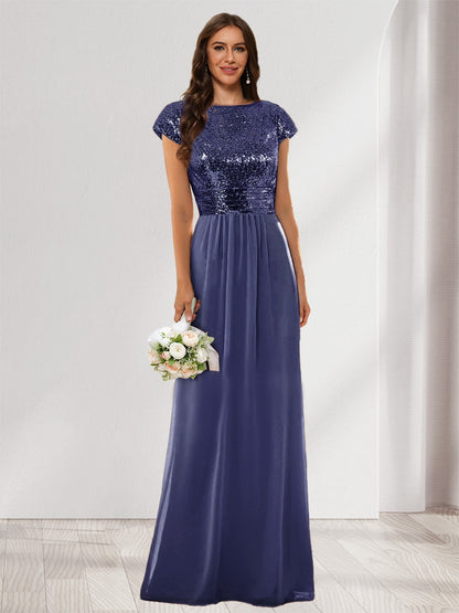 A-Line/Princess Scoop Short Sleeves Sequins Bridesmaid Dresses