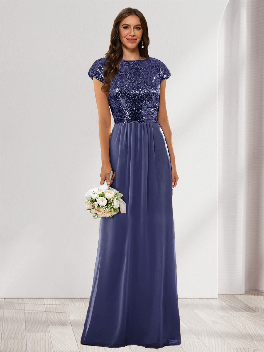 A-Line/Princess Scoop Short Sleeves Sequins Bridesmaid Dresses