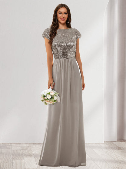 A-Line/Princess Scoop Short Sleeves Sequins Bridesmaid Dresses
