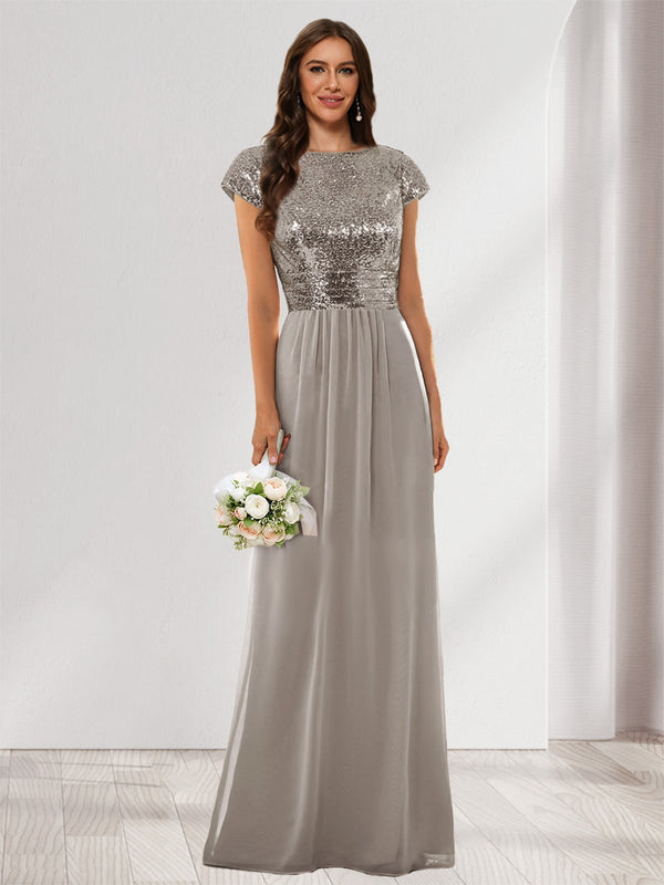 A-Line/Princess Scoop Short Sleeves Sequins Bridesmaid Dresses