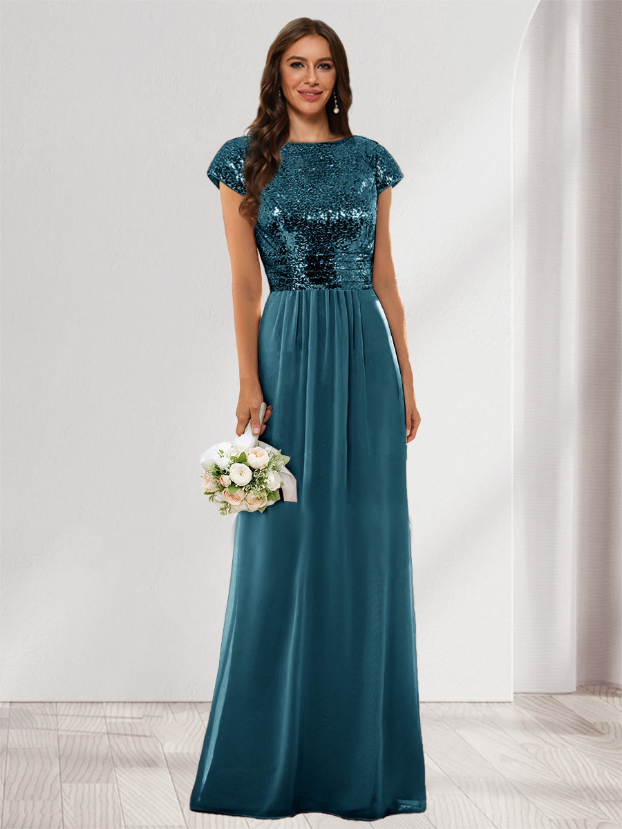 A-Line/Princess Scoop Short Sleeves Sequins Bridesmaid Dresses