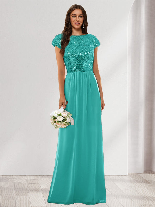A-Line/Princess Scoop Short Sleeves Sequins Bridesmaid Dresses