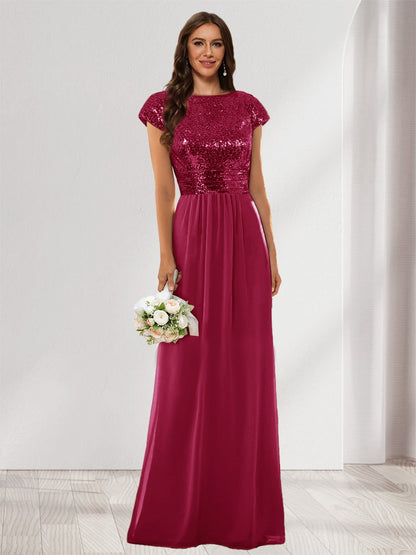 A-Line/Princess Scoop Short Sleeves Sequins Bridesmaid Dresses