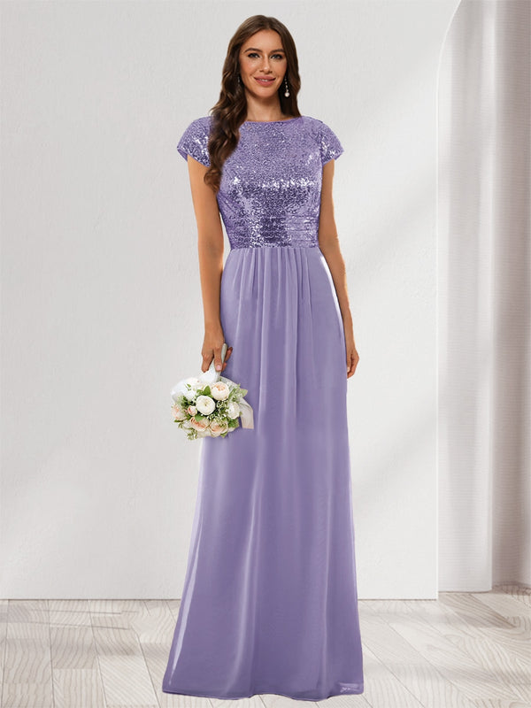 A-Line/Princess Scoop Short Sleeves Sequins Bridesmaid Dresses