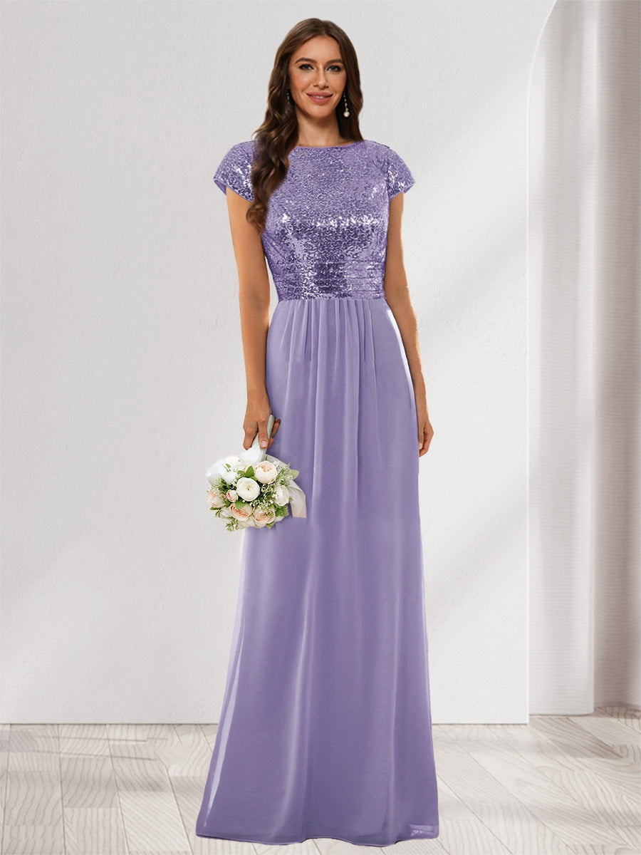 A-Line/Princess Scoop Short Sleeves Sequins Bridesmaid Dresses