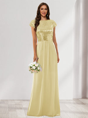 A-Line/Princess Scoop Short Sleeves Sequins Bridesmaid Dresses