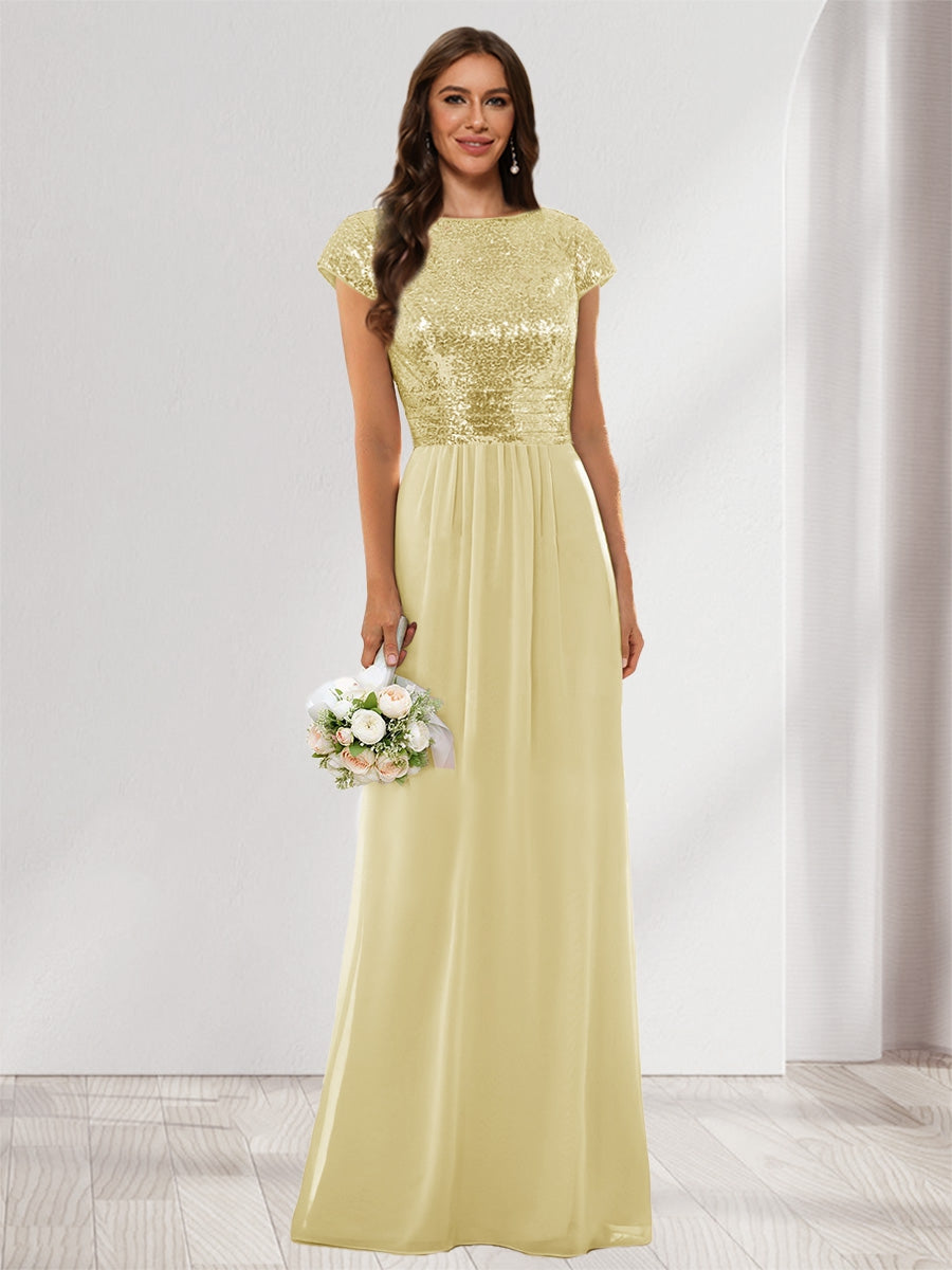 A-Line/Princess Scoop Short Sleeves Sequins Bridesmaid Dresses