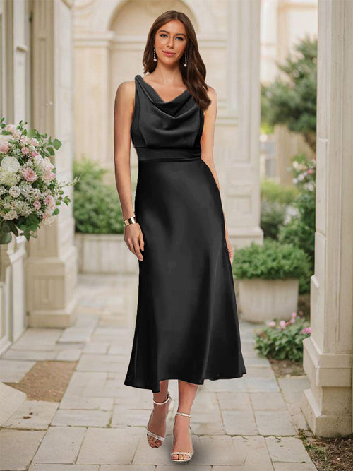 Trumpet/Mermaid Cowl Neck Sleeveless Tea-Length Ruched Bridesmaid Dresses