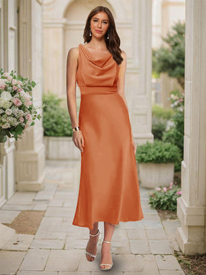 Trumpet/Mermaid Cowl Neck Sleeveless Tea-Length Ruched Bridesmaid Dresses