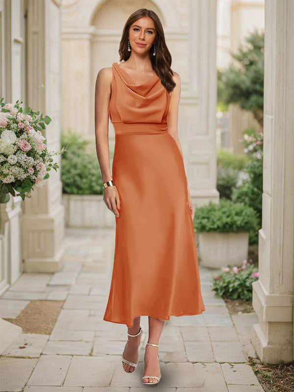 Trumpet/Mermaid Cowl Neck Sleeveless Tea-Length Ruched Bridesmaid Dresses