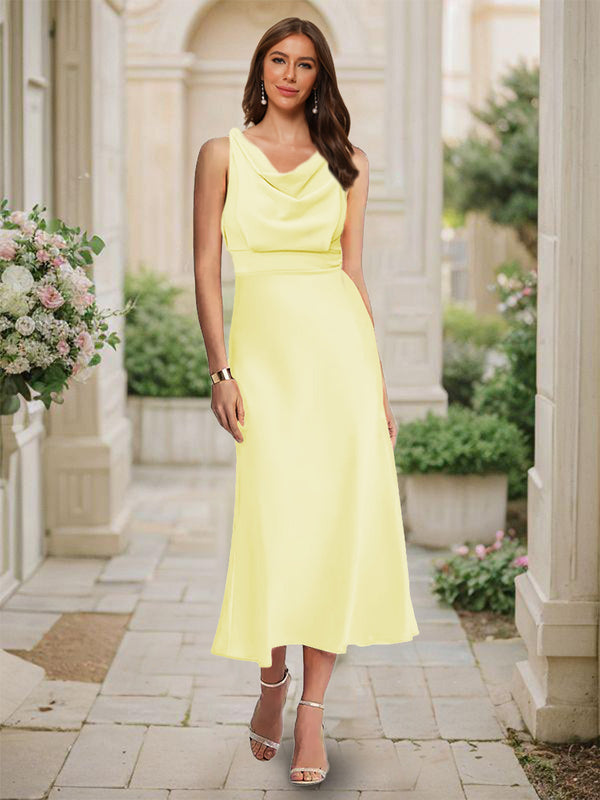 Trumpet/Mermaid Cowl Neck Sleeveless Tea-Length Ruched Bridesmaid Dresses