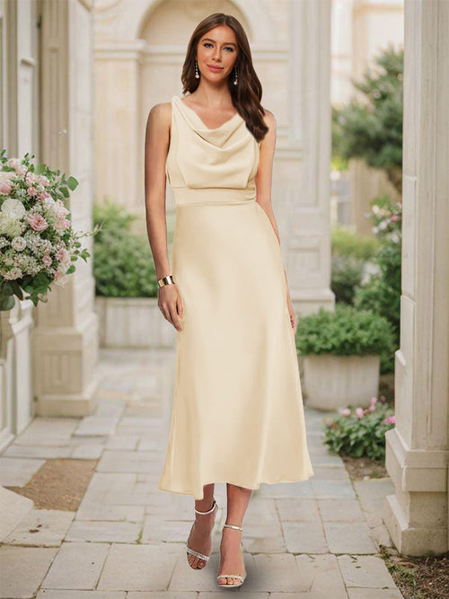 Trumpet/Mermaid Cowl Neck Sleeveless Tea-Length Ruched Bridesmaid Dresses
