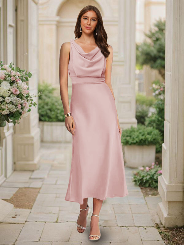Trumpet/Mermaid Cowl Neck Sleeveless Tea-Length Ruched Bridesmaid Dresses