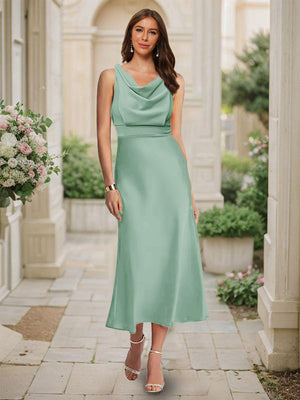 Trumpet/Mermaid Cowl Neck Sleeveless Tea-Length Ruched Bridesmaid Dresses