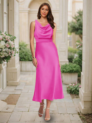 Trumpet/Mermaid Cowl Neck Sleeveless Tea-Length Ruched Bridesmaid Dresses