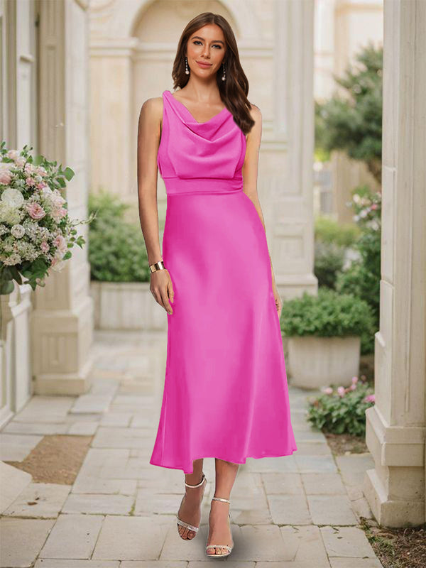 Trumpet/Mermaid Cowl Neck Sleeveless Tea-Length Ruched Bridesmaid Dresses