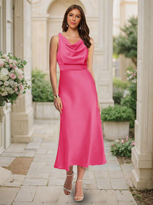 Trumpet/Mermaid Cowl Neck Sleeveless Tea-Length Ruched Bridesmaid Dresses