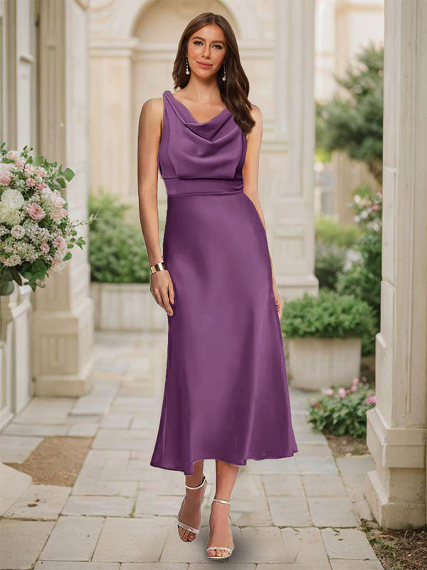 Trumpet/Mermaid Cowl Neck Sleeveless Tea-Length Ruched Bridesmaid Dresses
