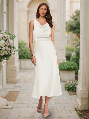 Trumpet/Mermaid Cowl Neck Sleeveless Tea-Length Ruched Bridesmaid Dresses
