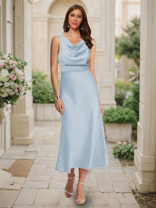Trumpet/Mermaid Cowl Neck Sleeveless Tea-Length Ruched Bridesmaid Dresses
