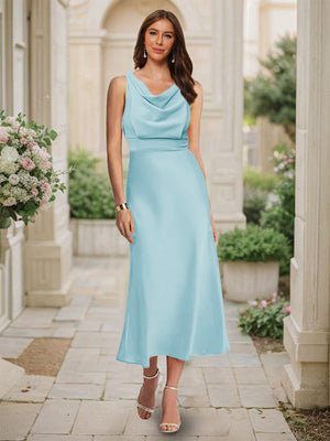 Trumpet/Mermaid Cowl Neck Sleeveless Tea-Length Ruched Bridesmaid Dresses