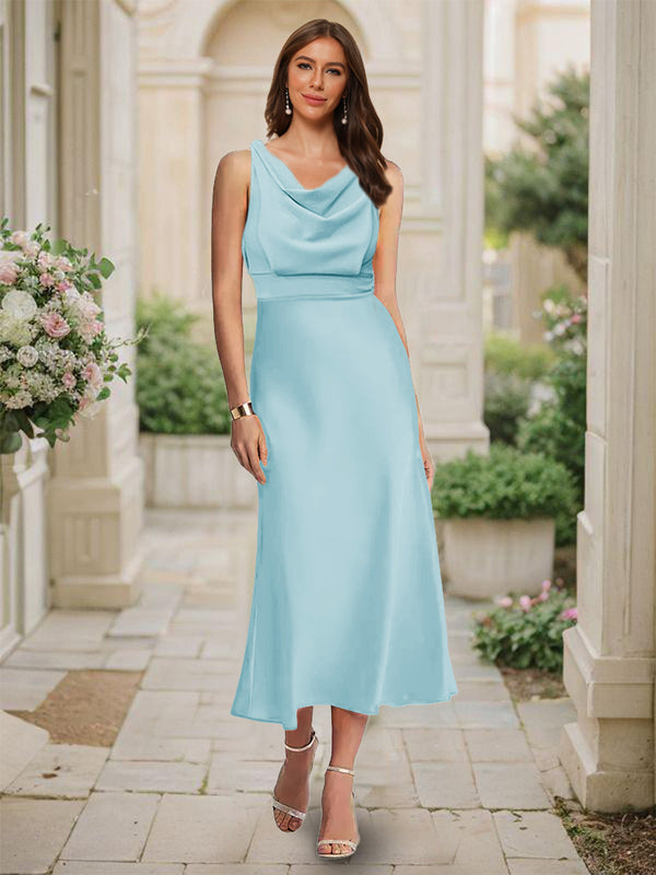 Trumpet/Mermaid Cowl Neck Sleeveless Tea-Length Ruched Bridesmaid Dresses